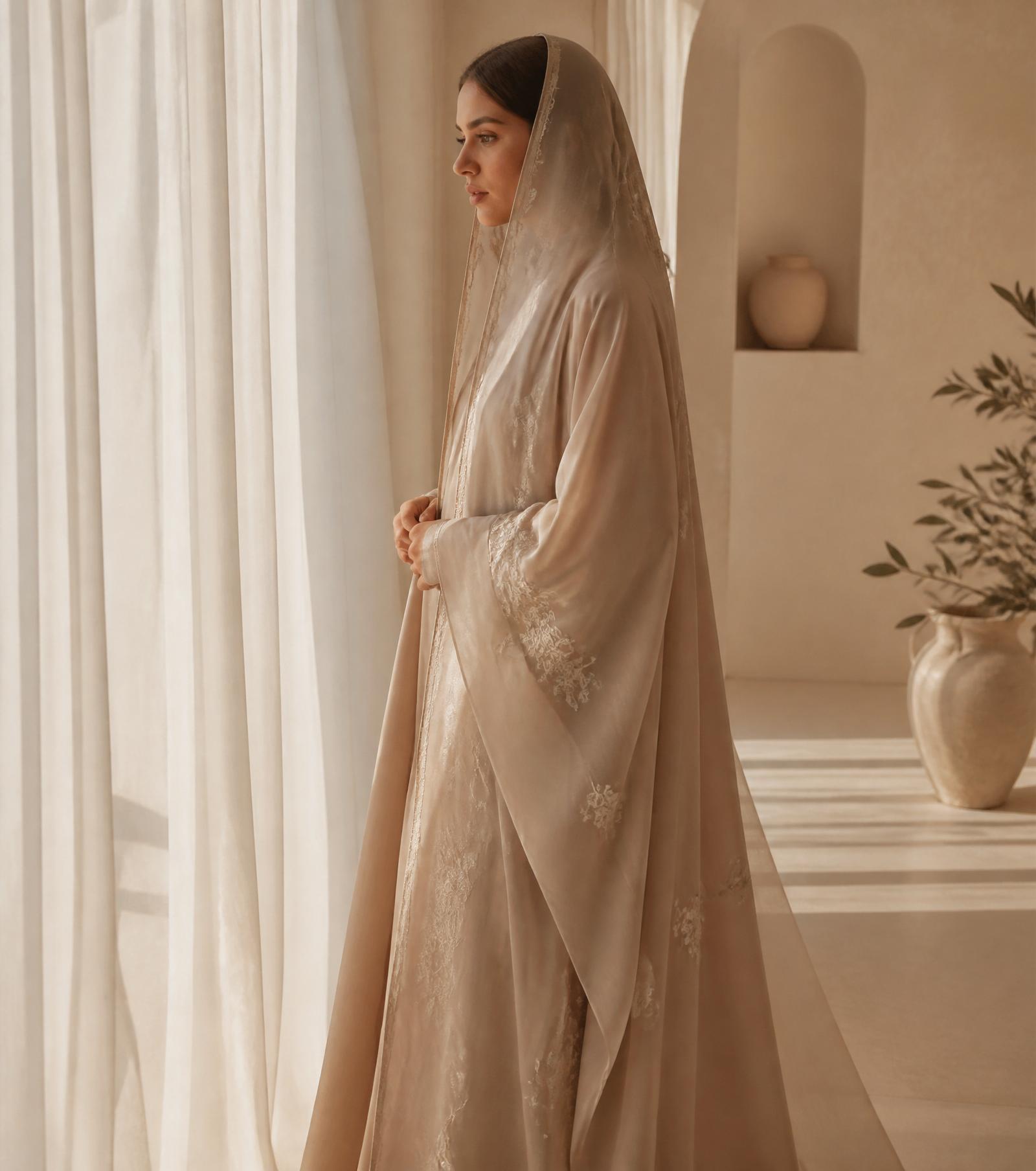 Model wearing a champagne Ward Atelier abaya in soft window light